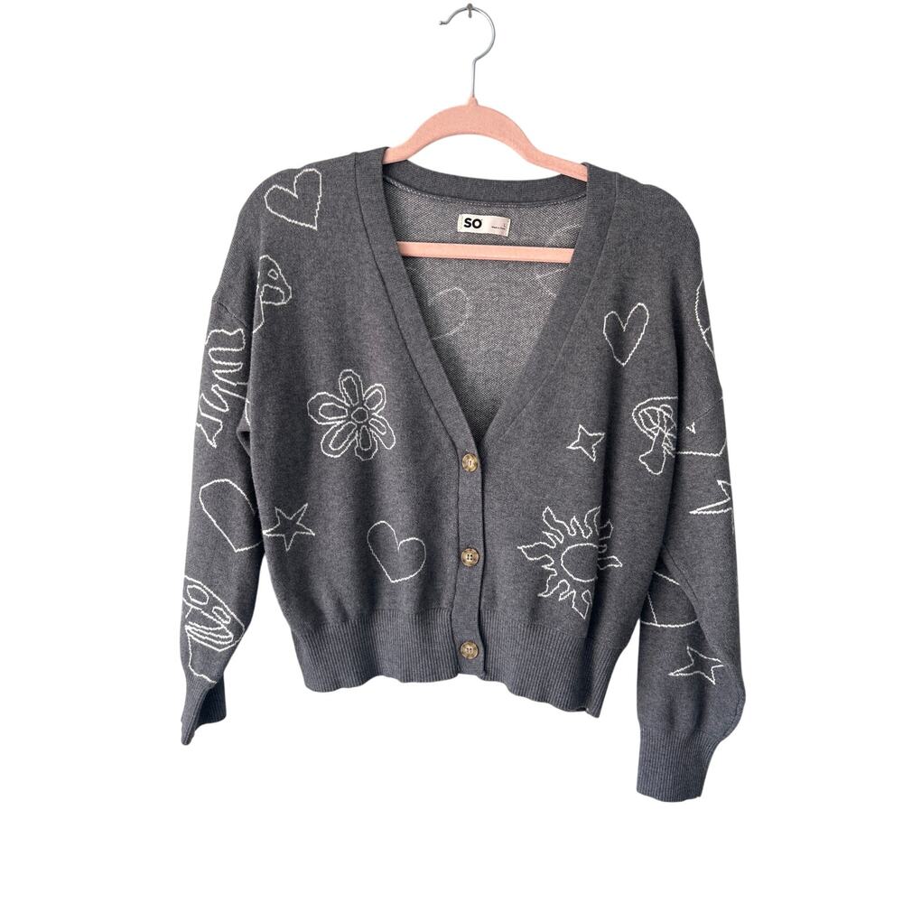 SO Gray Floral Long Sleeve Cardigan Large (Juniors)